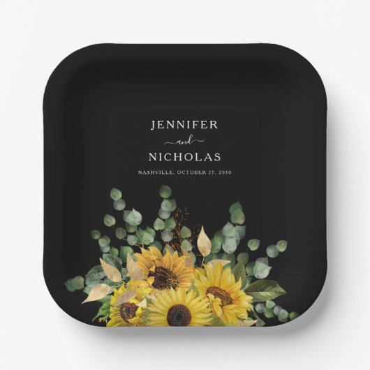 Moderne Zwarte Bloemen Zonnebloem Huwelijk Papieren Bordje (Voorkant)