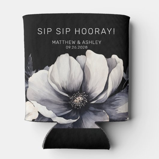 Moderne zwarte bloemenbruiloft gunst blikjeskoeler (Achterkant)