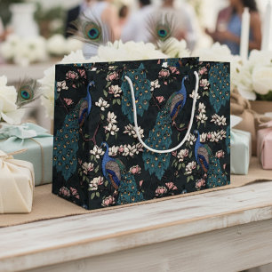 Moderne Zwarte Bloemige Pauwen Magnolia Bloemen Groot Cadeauzakje