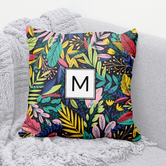 Moderne zwarte blokmonogram kleurrijke bladeren Ku Kussen (Modern Monogram Pillow with Bright, Cheery, Colorful Leaves Pattern)