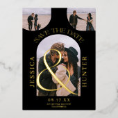 Moderne zwarte boog 4 foto's bruiloft met datum folie uitnodiging (Voorkant)