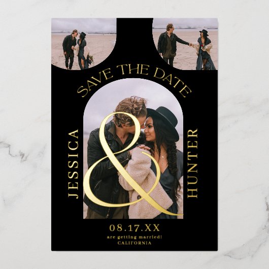 Moderne zwarte boog 4 foto's bruiloft met datum folie uitnodiging (Voorkant)