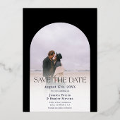 Moderne zwarte boog 4 foto's bruiloft met datum folie uitnodiging (Achterkant)