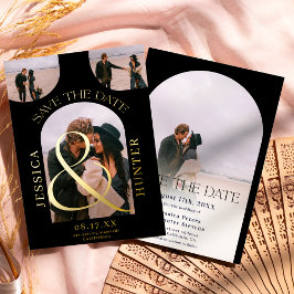 Moderne zwarte boog 4 foto's bruiloft met datum folie uitnodiging