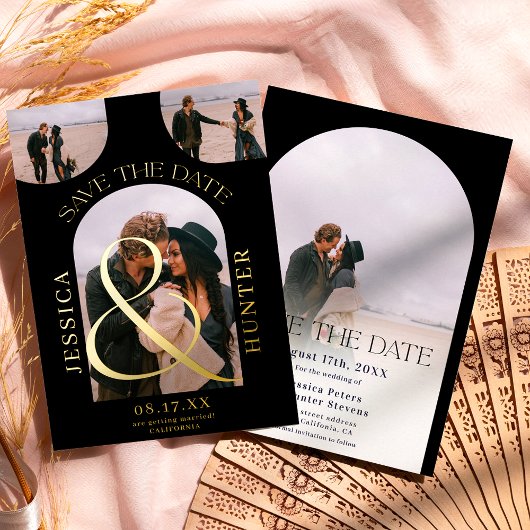 Moderne zwarte boog 4 foto's bruiloft met datum folie uitnodiging