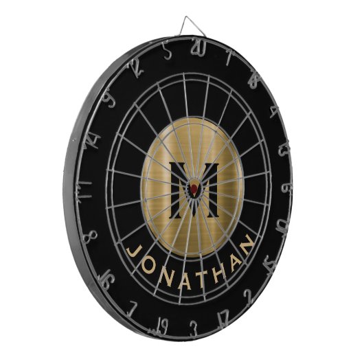 Moderne zwarte borsgeborsteld goudmonogram dartbord (Voorkant Links)