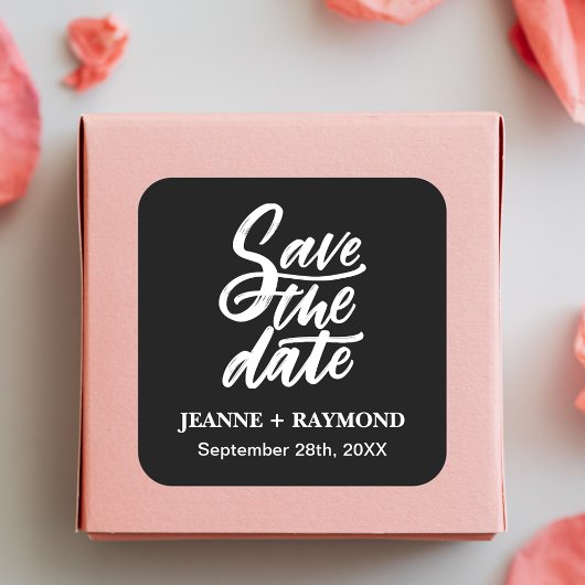 Moderne zwarte borstel Lettered Save the Date Wedd Vierkante Sticker
