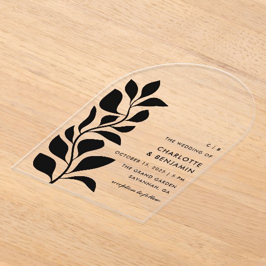 Moderne zwarte botanische bladeren bruiloft acryl uitnodigingen (Laagn)