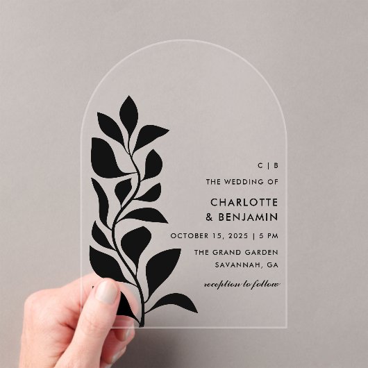 Moderne zwarte botanische bladeren bruiloft acryl uitnodigingen (Insitu (Draagbaar))