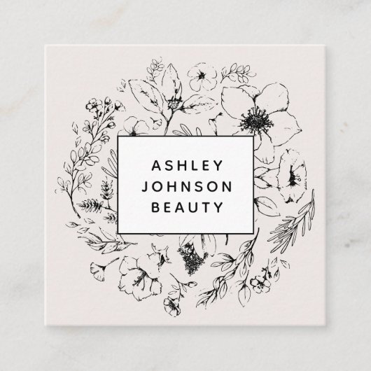 Moderne zwarte botanische bleekroze wit en zwart vierkante visitekaartje (Voorkant)