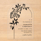Moderne Zwarte Botanische Boog Bruiloft Acryl Uitnodigingen (Voorkant)
