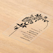 Moderne Zwarte Botanische Boog Huwelijk Acryl Uitnodigingen (Laagn)