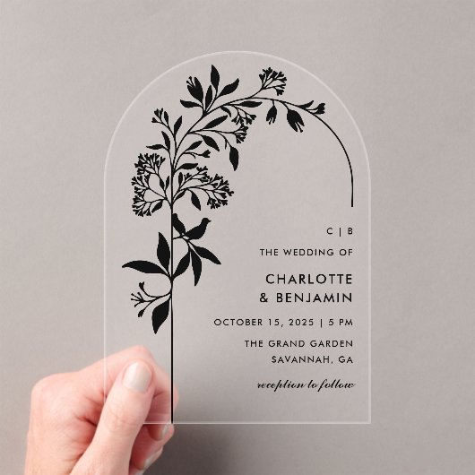 Moderne Zwarte Botanische Boog Huwelijk Acryl Uitnodigingen (Insitu (Draagbaar))