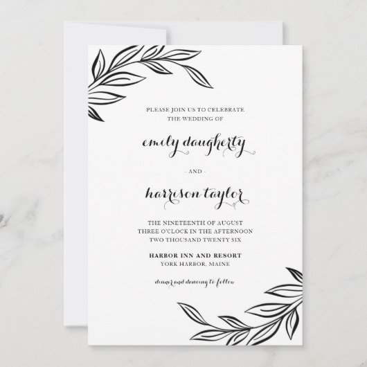 Moderne zwarte botanische bruiloft kaart (Voorkant)