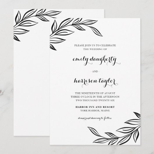 Moderne zwarte botanische bruiloft kaart (Voorkant / Achterkant)