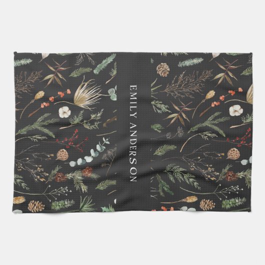 moderne zwarte botanische elegant theedoek (Horizontaal)