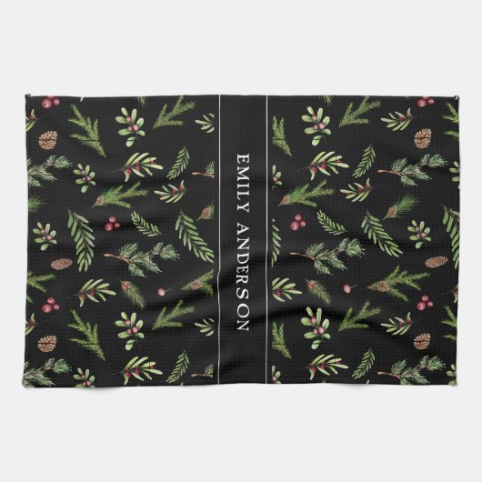 moderne zwarte botanische elegant theedoek (Horizontaal)