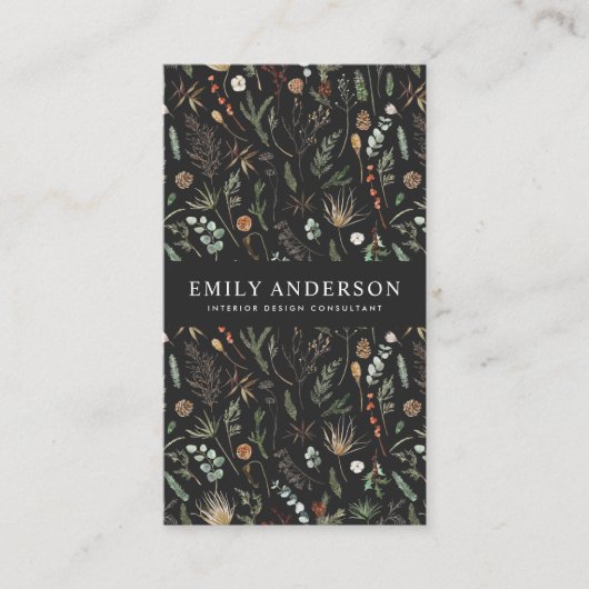 moderne zwarte botanische elegant visitekaartje (Voorkant)