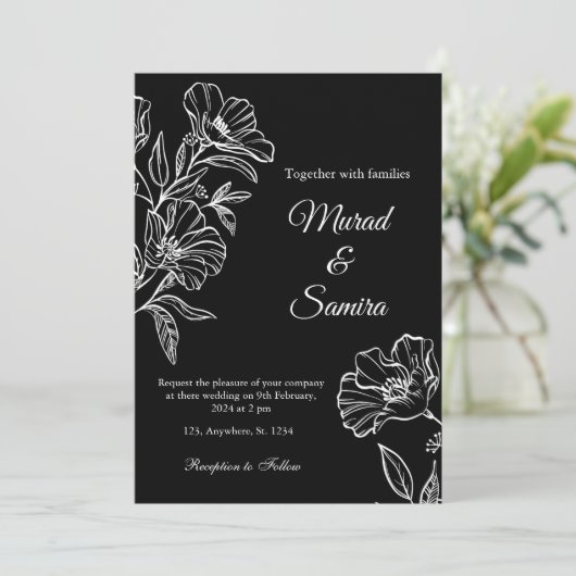 Moderne Zwarte Botanische Lijn Kunst Huwelijksuitn Kaart (Staand voorkant)