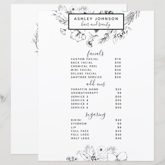 Moderne zwarte botanische spa 3-servicemenu (Voorkant / Achterkant)