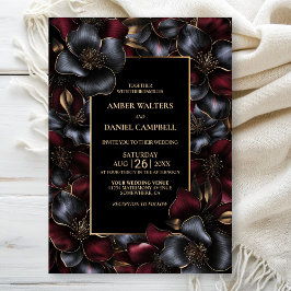 Moderne Zwarte Bourgogne Grijze Bloemen Huwelijk Kaart