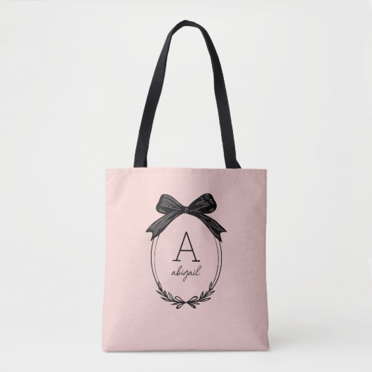 Moderne Zwarte Bow Elegant Blush Roze Monogram Tote Bag (Voorkant)
