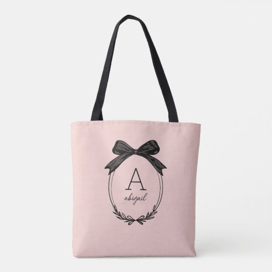 Moderne Zwarte Bow Elegant Blush Roze Monogram Tote Bag (Achterkant)