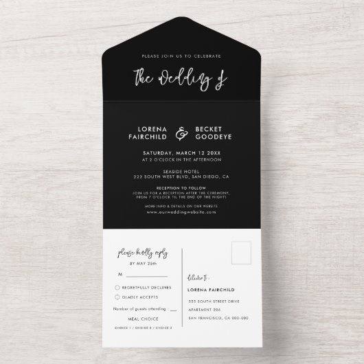 moderne zwarte bruiloft all in one uitnodiging (Binnen)