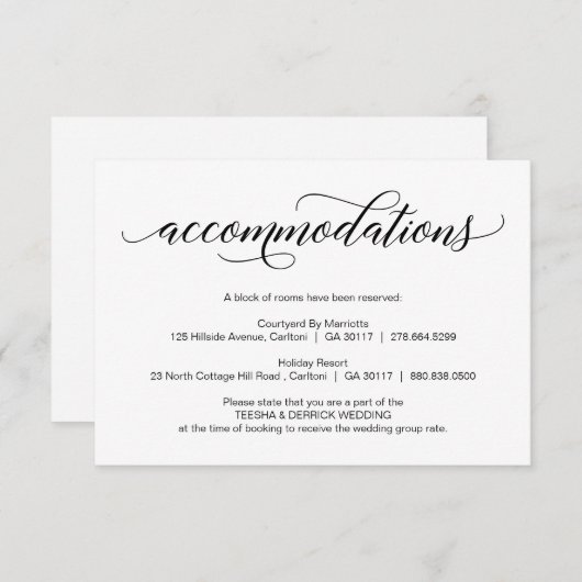 Moderne zwarte bruiloft-kalligrafie, accommodatie informatiekaartje (Voorkant / Achterkant)