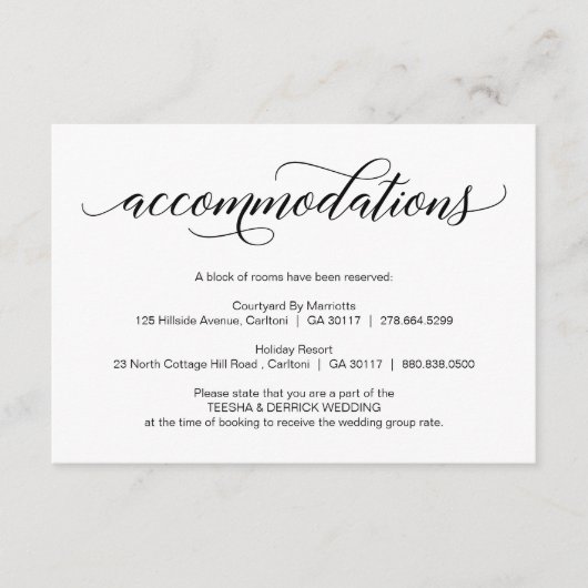 Moderne zwarte bruiloft-kalligrafie, accommodatie informatiekaartje (Voorkant)
