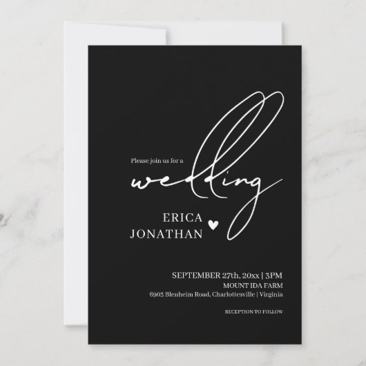 Moderne zwarte bruiloft met witte belettering kaart (Voorkant)