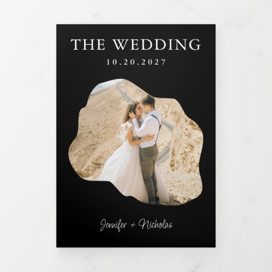 Moderne Zwarte bruiloft RSVP Details QR Code Foto Drieluik Uitnodiging (Cover)