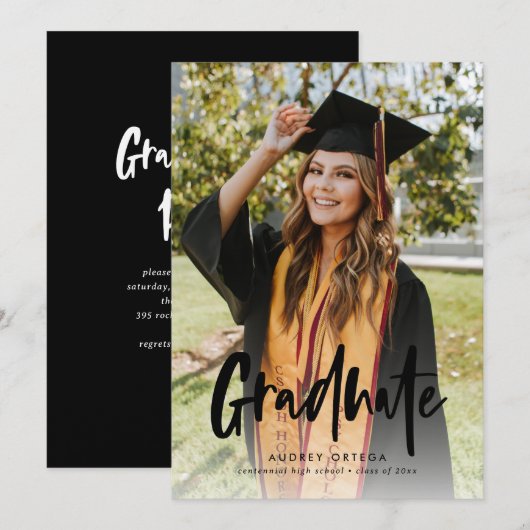 Moderne Zwarte Calligraphy Foto Afstuderen Kaart (Voorkant / Achterkant)
