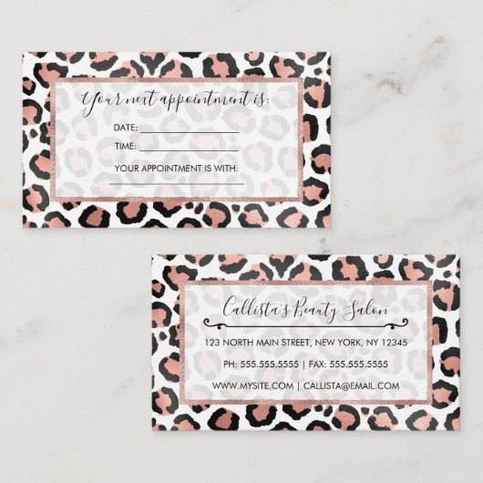 Moderne zwarte Chic-Roos Gold Foil Leopard-printer Afsprakenkaartje (Voorkant / Achterkant)