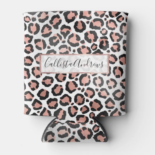 Moderne zwarte Chic-Roos Gold Foil Leopard-printer Blikjeskoeler (Voorkant)
