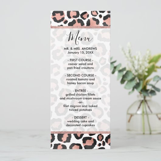 Moderne zwarte Chic-Roos Gold Foil Leopard-printer Menu (Staand voorkant)
