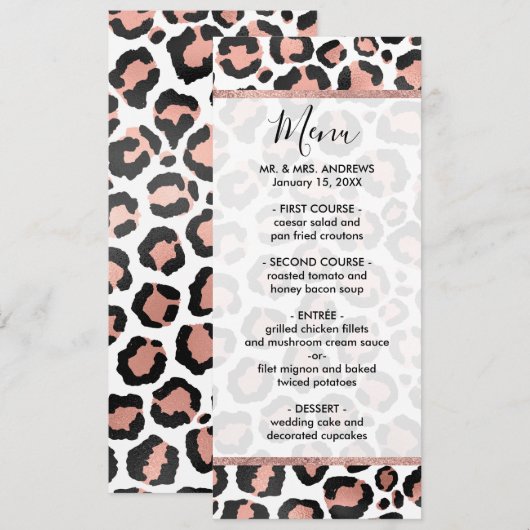 Moderne zwarte Chic-Roos Gold Foil Leopard-printer Menu (Voorkant / Achterkant)