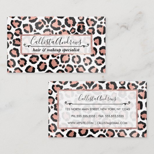 Moderne zwarte Chic-Roos Gold Foil Leopard-printer Visitekaartje (Voorkant / Achterkant)