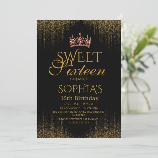 Moderne Zwarte Chic Sweet 16 Verjaardag Kaart (Staand voorkant)