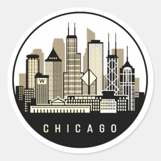 Moderne zwarte Chicago Illinois Skyline Ronde Sticker (Voorkant)