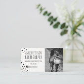 Moderne zwarte confetti polka dots foto 2 visitekaartje (Staand voorkant)