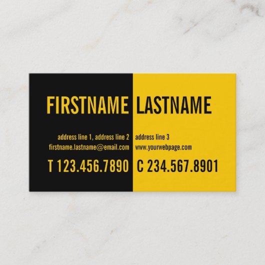 Moderne zwarte contrastkaart met zwart geel profie visitekaartje (Voorkant)