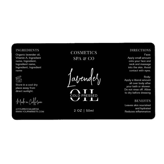 Moderne zwarte cosmetische fles wrap rond product etiket (Voorkant)