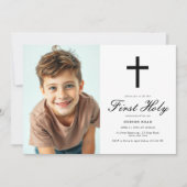 Moderne Zwarte Cross Minimalistische Jongens Eerst Kaart (Voorkant)