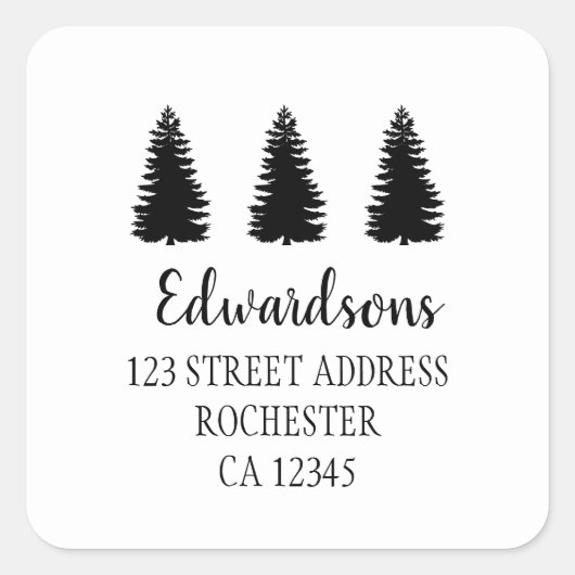 Moderne zwarte dennenbomen familienaam terugkeer a vierkante sticker (Voorkant)