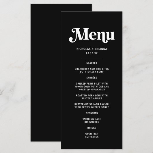Moderne Zwarte Disco Bruiloft Menu (Voorkant / Achterkant)