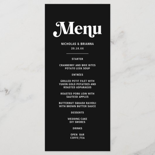 Moderne zwarte disco bruiloft menu (Voorkant)