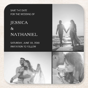 Moderne Zwarte Drie Foto Collage Save the Date Kartonnen Onderzetters