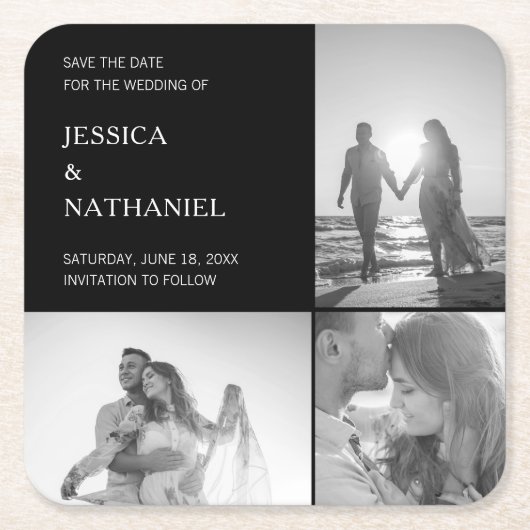 Moderne Zwarte Drie Foto Collage Save the Date Kartonnen Onderzetters (Voorkant)