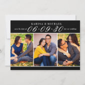 Moderne Zwarte Drie Foto Collage Trouwfeest Save The Date (Voorkant)